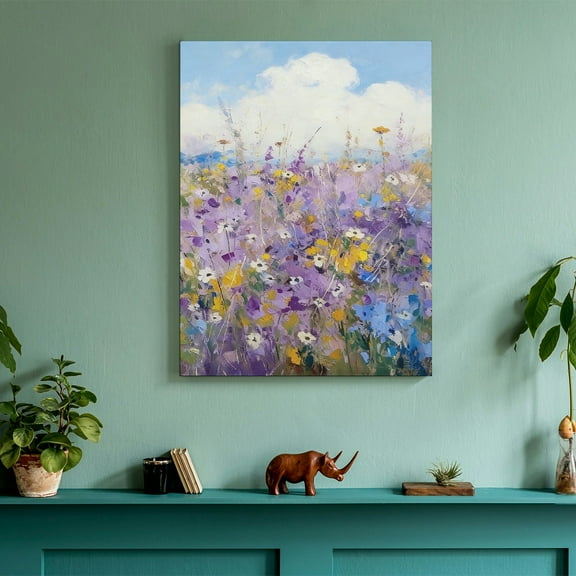 Hidden Frame Canvas Wall Art - Purple-Toned Flower Field Oil Painting Style Fresh Healing Popular Wall Decor for Living Room 24x36in