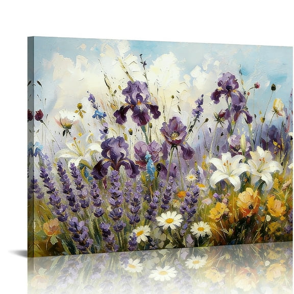 Hidden Frame Canvas Wall Art - Purple-Toned Vibrant Flower Field Oil Painting Decor Fresh Healing-Style Popular Wall Decor for Bedroom 32x24in