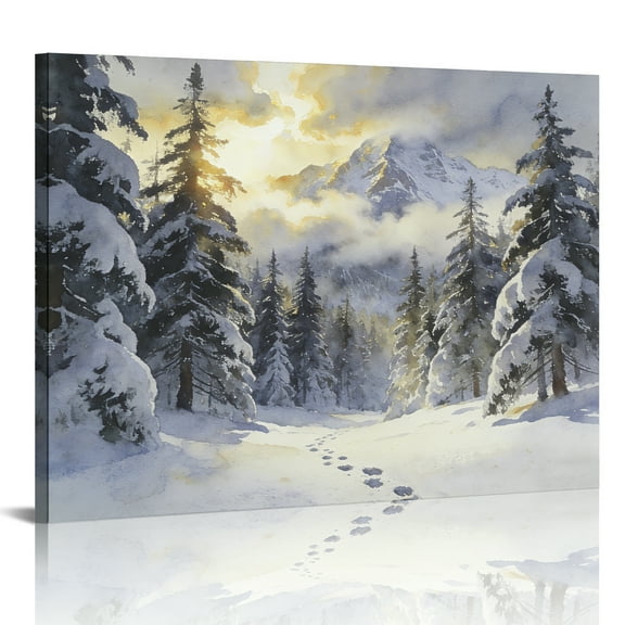 Hidden Frame Canvas Wall Art - Serene Winter Snowy Mountain & Cedar Watercolor Style Popular Wall Decor for Living Room & Study 24x18in