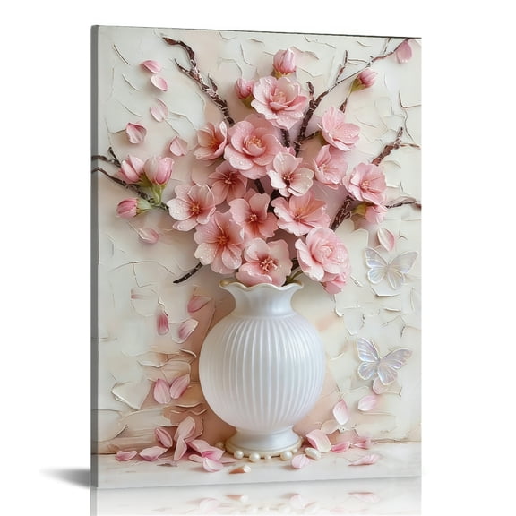 Hidden Frame Canvas Wall Art - Textured Pink Cherry Blossom & White Vase Decor Gentle Healing-Style Popular Wall Decor for Bedroom 16x24in