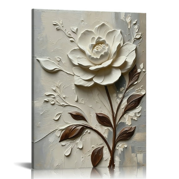 Hidden Frame Canvas Wall Art - Textured Relief White Rose Decor Wabi-Sabi Style Popular Wall Decor for Bedroom 20x30in