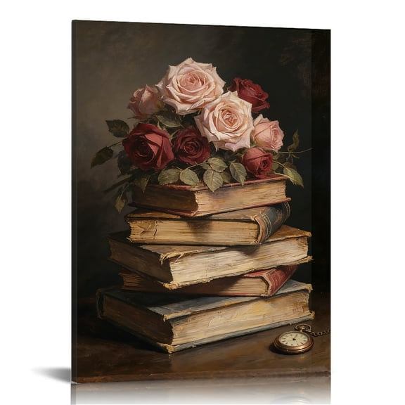 Hidden Frame Canvas Wall Art - Vintage Book Stack & Rose Oil Painting Decor Literary Light Luxury-Style Popular Wall Decor for Study 16x24in