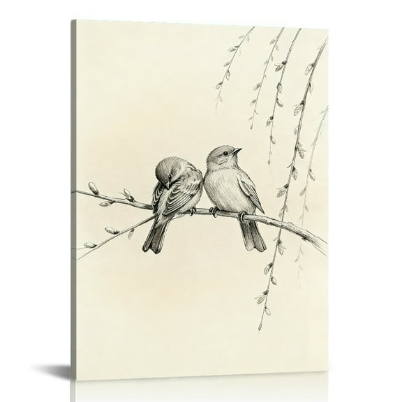Hidden Frame Canvas Wall Art - Weeping Willow & Perched Birds Sketch Decor Fresh Healing-Style Popular Wall Decor for Bedroom 16x24in