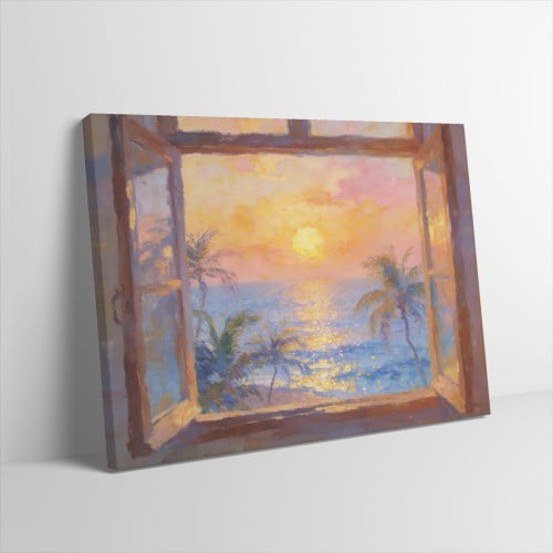 Hidden Frame Canvas Wall Art - Window View Sunset Sea & Palm Trees Healing Vacation Style Popular Wall Decor for Home Living Room & Bedroom 16x12in