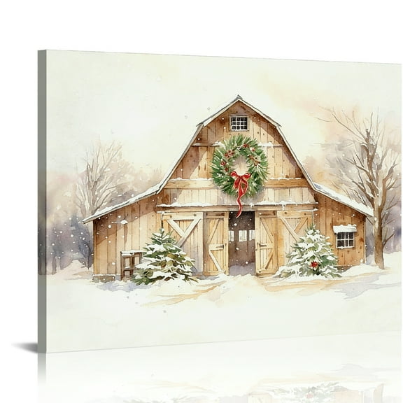 Hidden Frame Canvas Wall Art - Winter Christmas Barn Watercolor Decor Cozy Holiday-Style Popular Wall Decor for Living Room 16x12in