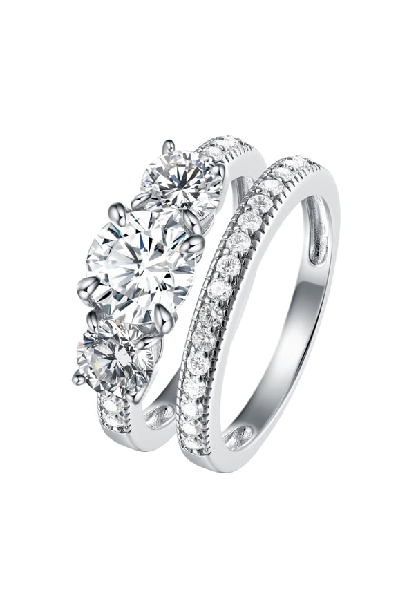 Jewelry 925 Sterling Silver Three Stone Round Cubic Zirconia Wedding Ring Set 2.99 Cttw