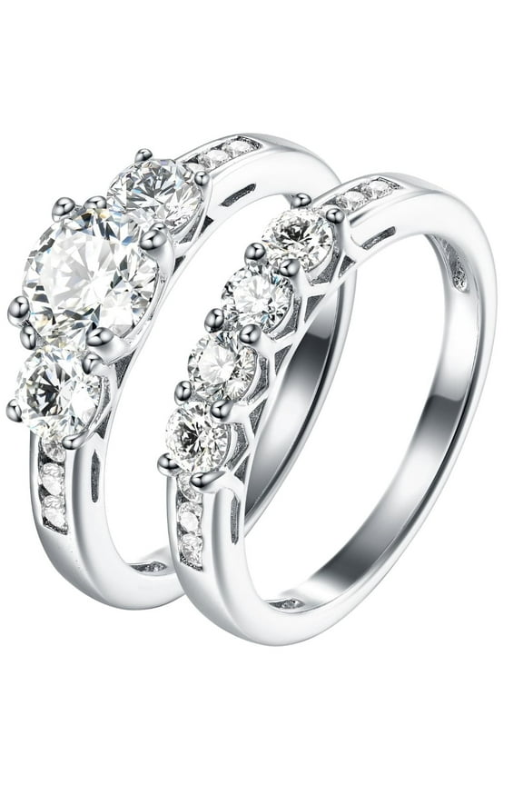 Jewelry 2Ct Round Three Stone CZ Engagement Ring Set for Women 925 Sterling Silver Size 5-10