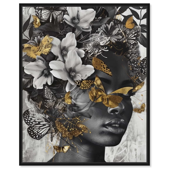 Hidden Golden Butterflies Gold Fashion Glam Canvas Wall Art by Art Remedy, Black Floater Frame, 16"x20"