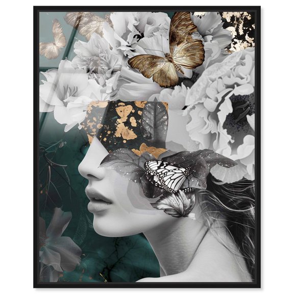 Hidden Golden Butterflies in Emerald Framed High-Gloss Acrylic Glass Wall Art Glam by Art Remedy, Black Frame, 16 x 20
