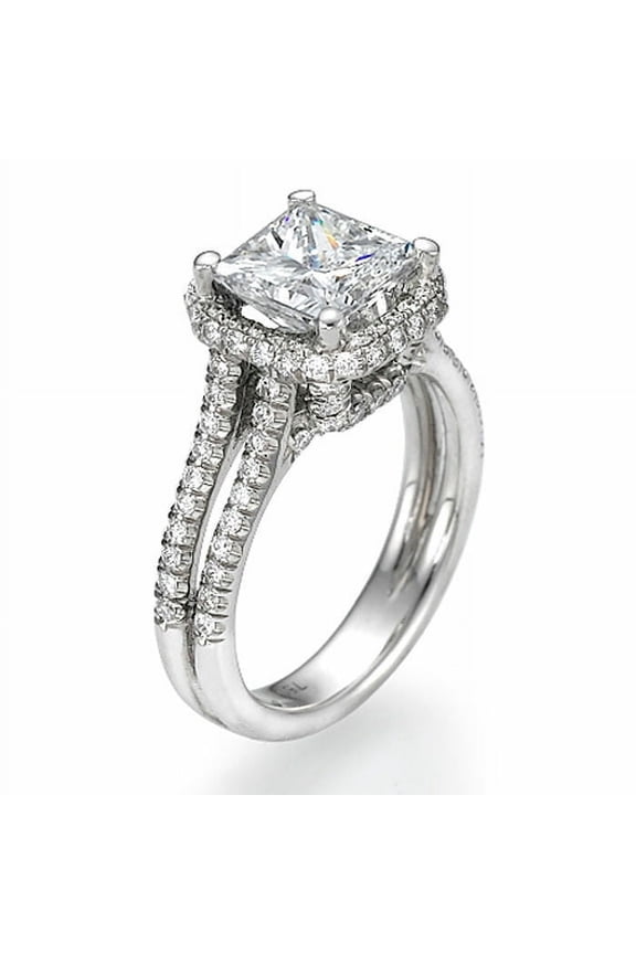 Hidden Halo Pave Set Wedding Ring, Split Shak Women's Wedding Ring, 2.1 Ct Simulated Diamond Ring, 14K White Gold Plated Princess Cut Diamond Ring, Bridge Accents Halo Ring For Her Special Occassion