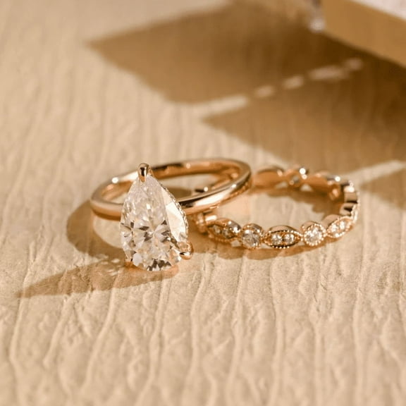 Hidden Halo Pear Diamond Engagement Ring Set in 14K Rose Gold Vermeil- Milgrain Wedding Band- Promise Bridal Set