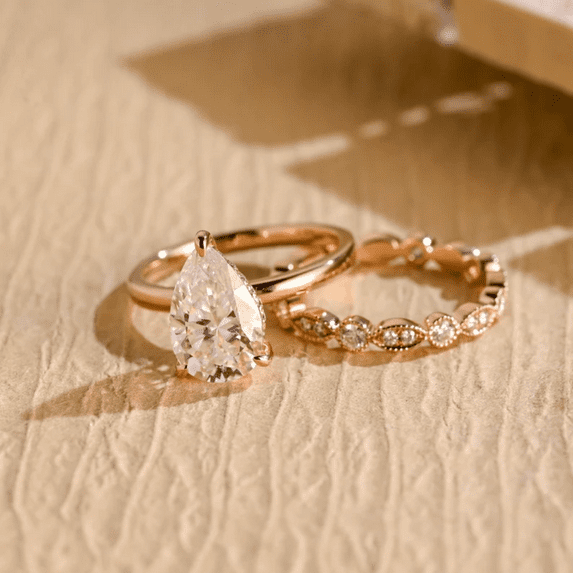 Hidden Halo Pear Diamond Engagement Ring Set in 14K Rose Gold Vermeil- Milgrain Wedding Band- Promise Bridal Set