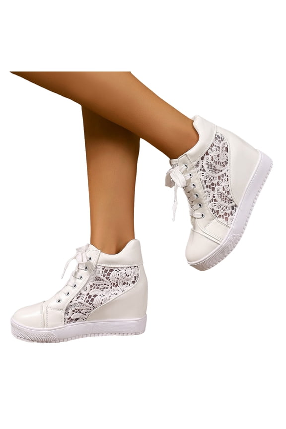 Hidden Heeled Sneakers for Women Platform Lace Crochet Lace up Chunky Bottom High Heels High Top Canvas Shoes White Size 9