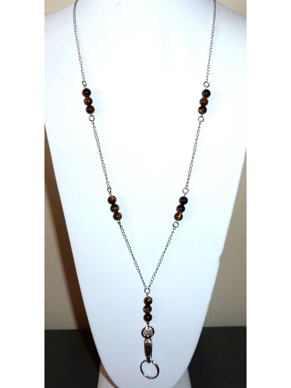 Hidden Hollow Beaded Chain Lanyard Stainless Steel Necklace, 34" ID Badge Holder, Women's Fashion Lanyard (Tiger's Eye Beaded Chain Non Breakaway - Stronger)