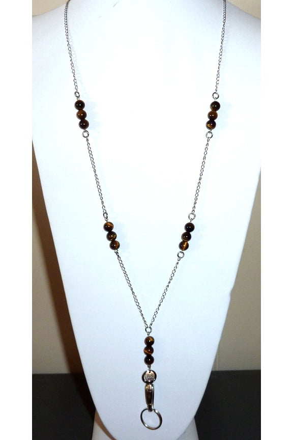 Hidden Hollow Beaded Chain Lanyard Stainless Steel Necklace, 34" ID Badge Holder, Women's Fashion Lanyard (Tiger's Eye Beaded Chain Non Breakaway - Stronger)
