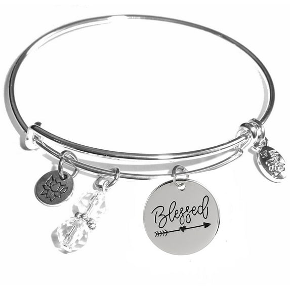 Hidden Hollow Beads Bangle Expandable Bracelet, Message Charm, Women's Bracelet. Meaningful Sayings, Comes in A Gift Box. (Blessed)