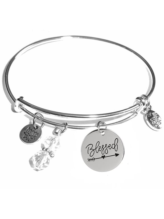 Bangle Expandable Bracelet, Message Charm, Women's Bracelet. Meaningful Sayings, Comes in A Gift Box. (Blessed)