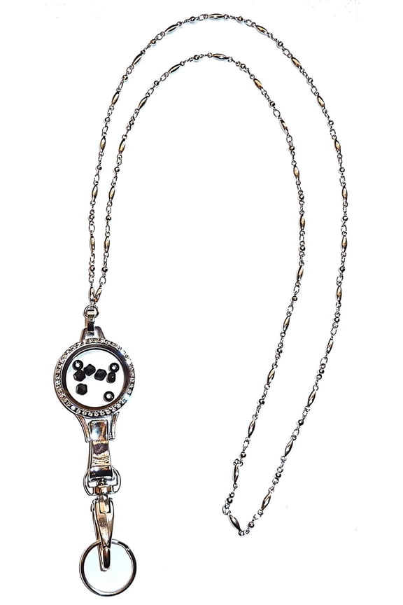 Black 30mm Floating Locket Women's Chain Fashion Lanyard Necklace, Jewelry ID Badge and Key Holder, 34 in.