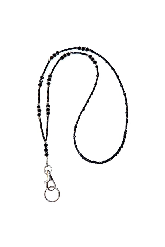 Black Crystal Women's Beaded Fashion Lanyard Necklace, Jewelry ID Badge and Key Holder, 34 in.