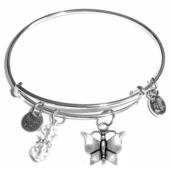 Hidden Hollow Beads "Butterfly" Message Charm Expandable Wire Bangle Bracelet, COMES IN A GIFT BOX!