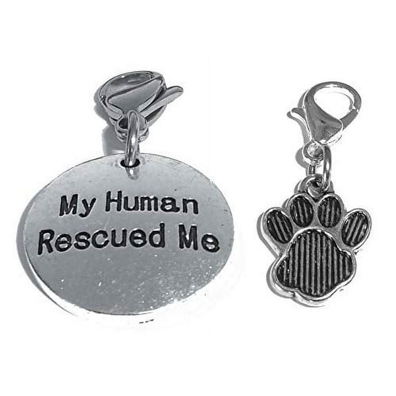 Hidden Hollow Beads Clip On Charm, Bag, Purse, Handbag, Message, Keychain, Zipper Pull, Bracelets, Necklaces, Jewelry (Pet Charm - My Human Rescued Me)