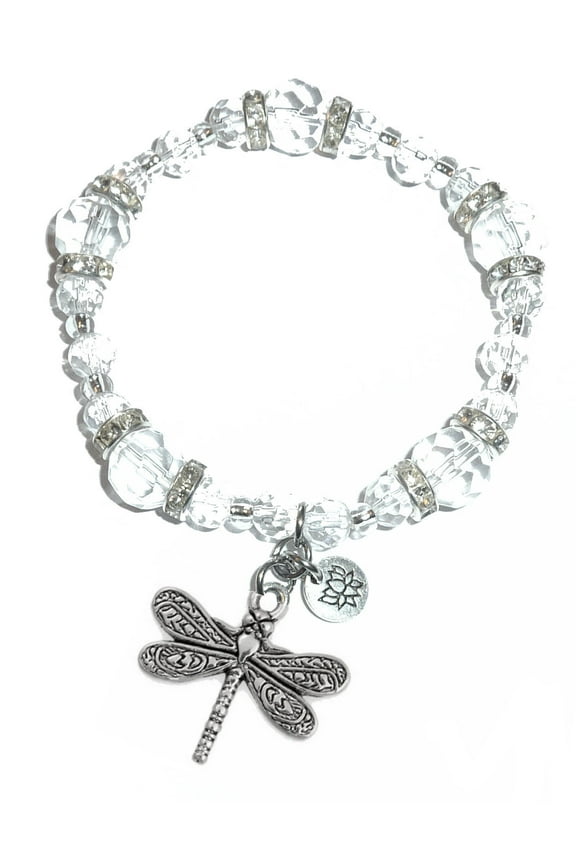 Crystal Stretch Charm Bracelet, Womens Message Dangle, Comes Packaged In A Beautiful Gift Bag (Dragonfly)