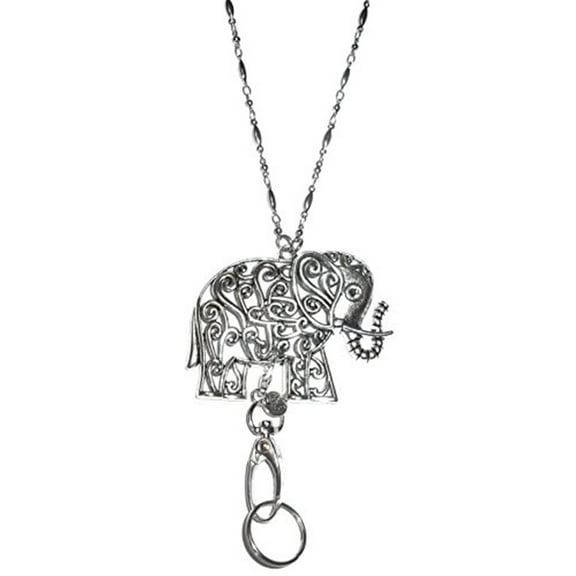 Hidden Hollow Beads Elephant Pendant Lanyard Necklace 34" long, Women's Fashion Chain Lanyard, For Keys, Badge ID holder. (Silver Elephant Non Breakaway - Stronger)