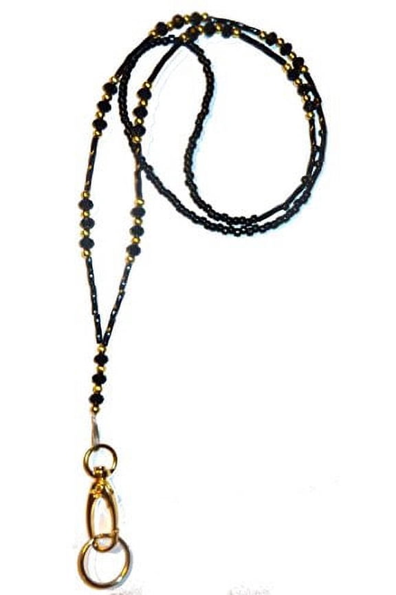 GOLD Black Crystal Women's Beaded Fashion Lanyard Necklace, Jewelry ID Badge and Key Holder, 34 in.