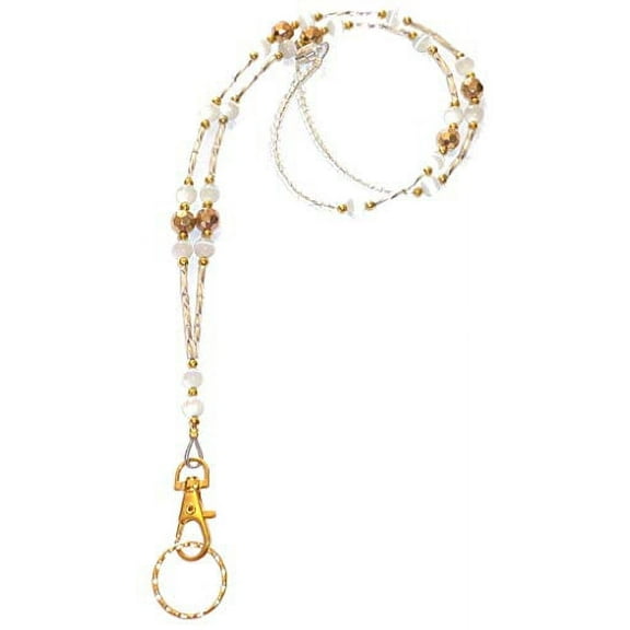 Hidden Hollow Beads GOLD Super Slim White Women's Beaded Fashion Lanyard 34 in. Badge Holder, Phone, Cruise
