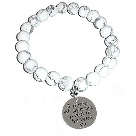 Hidden Hollow Beads Howlite Natural White Stone Women's Stretch Bracelet, Inspirational Message Charm (A Piece of My Heart Lives in Heaven)