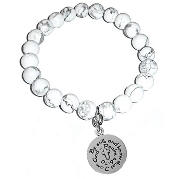 Hidden Hollow Beads Howlite Natural White Stone Women's Stretch Bracelet, Inspirational Message Charm (Be Still and Know That I am God)