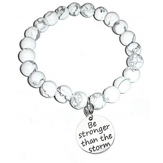 Hidden Hollow Beads Howlite Natural White Stone Women's Stretch Bracelet, Inspirational Message Charm (Be Stronger Than The Storm)