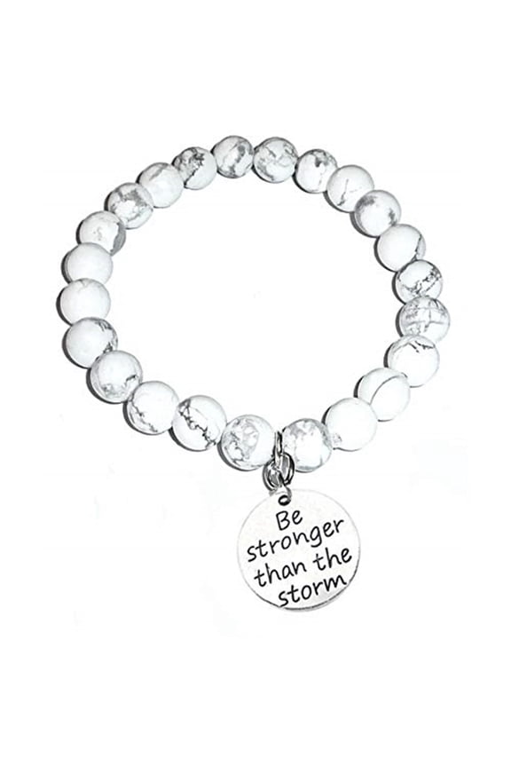 Howlite Natural White Stone Women's Stretch Bracelet, Inspirational Message Charm (Be Stronger Than The Storm)