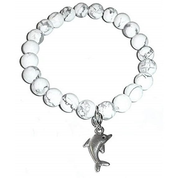 Hidden Hollow Beads Howlite Natural White Stone Women's Stretch Bracelet, Inspirational Message Charm (Dolphin)