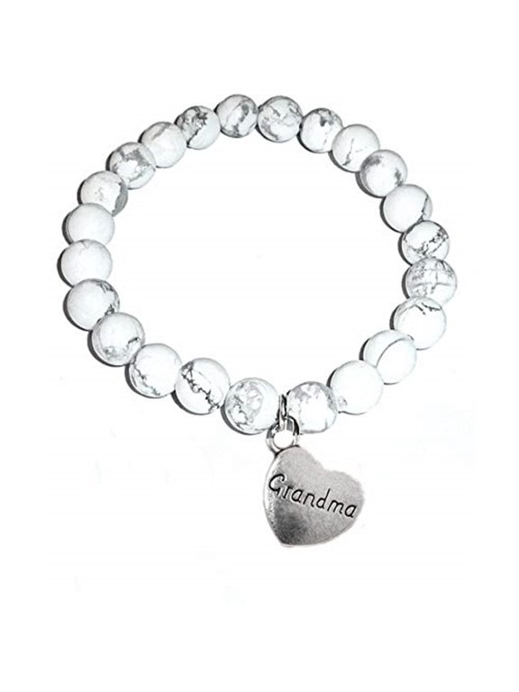 Howlite Natural White Stone Women's Stretch Bracelet, Inspirational Message Charm (Grandma)