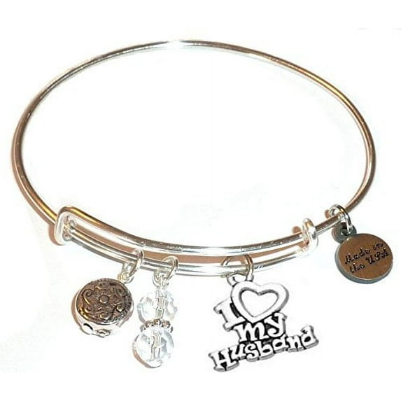Hidden Hollow Beads "I Love My Husband" Message Charm Expandable Wire Bangle Bracelet, COMES IN A GIFT BOX!