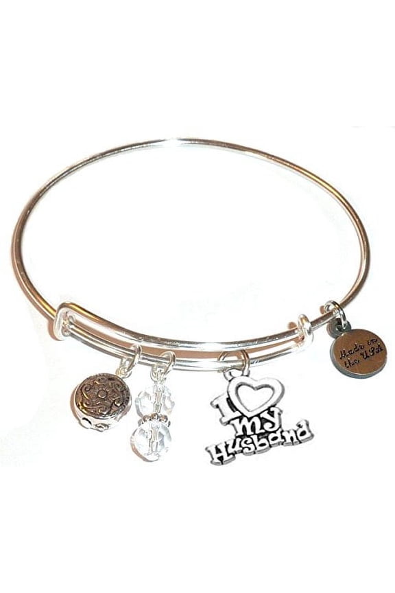 "I Love My Husband" Message Charm Expandable Wire Bangle Bracelet, COMES IN A GIFT BOX!