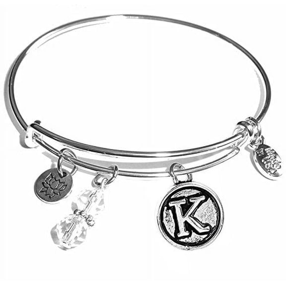 Hidden Hollow Beads "K" Initial Charm Expandable Wire Bangle Bracelet, COMES IN A GIFT BOX!