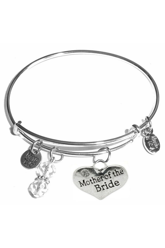 "Mother of the Bride" Message Charm Expandable Wire Bangle Bracelet, COMES IN A GIFT BOX!
