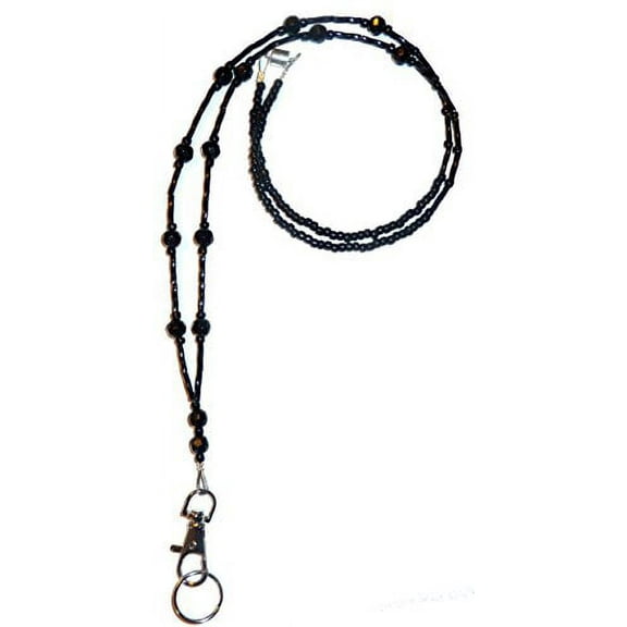 Hidden Hollow Beads Simple Black Women's Beaded Fashion Lanyard Necklace, Jewelry ID Badge and Key Holder, 34 in.