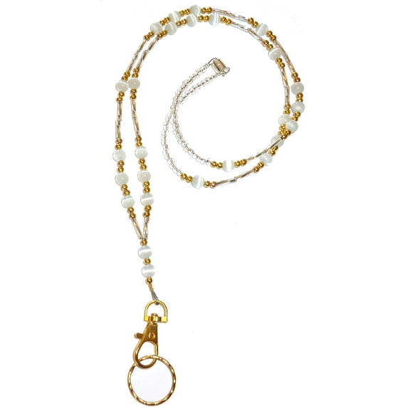 Hidden Hollow Beads, Simple Black, Women's Fashion Beaded Lanyard Necklace, 34", Key and ID Badge holder (Simple White GOLD - Magnetic Breakaway)