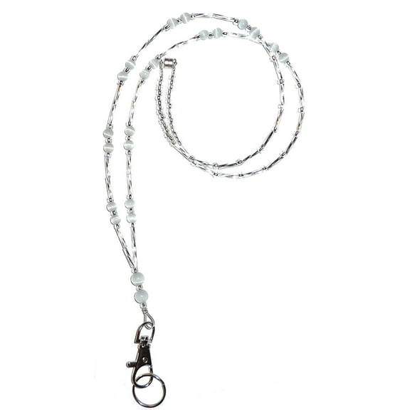 Hidden Hollow Beads Simple White (Ultra Light) Women's Beaded Fashion Lanyard Necklace, Jewelry ID Badge and Key Holder, 34 in.