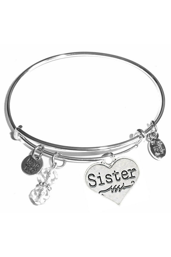 "Sister (Heart)" Message Charm Stainless Steel Expandable Wire Bangle Bracelet, comes in a gift box!