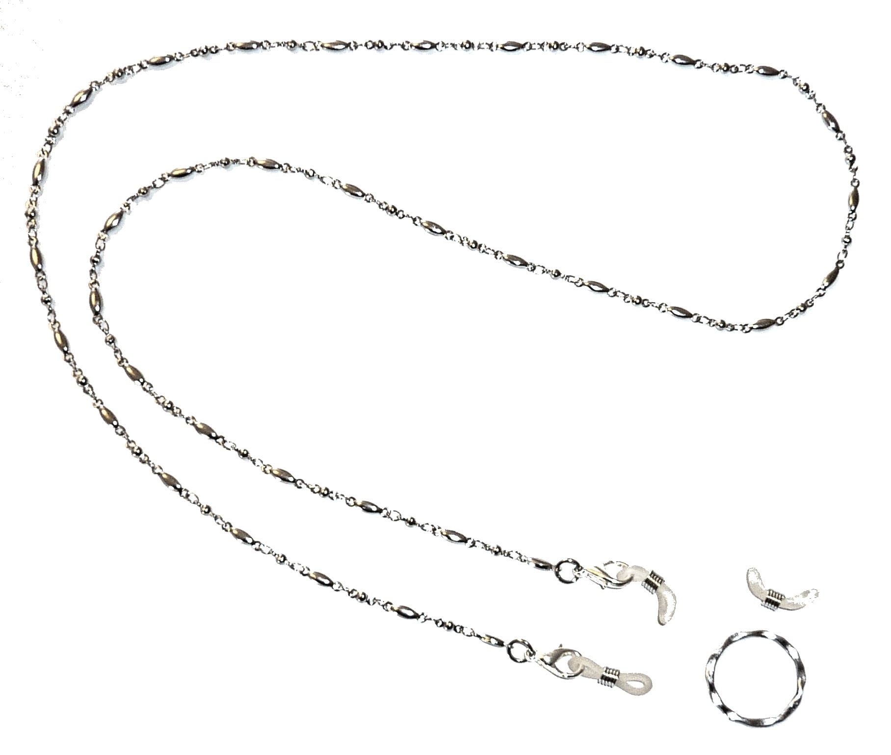 Hidden Hollow Beads Stainless Steel Chain Eyeglass holder, comes with a ring and extra rubber loops.