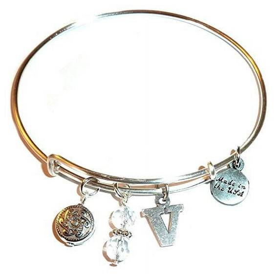 Hidden Hollow Beads "V" Initial Charm Expandable Wire Bangle Bracelet, COMES IN A GIFT BOX!