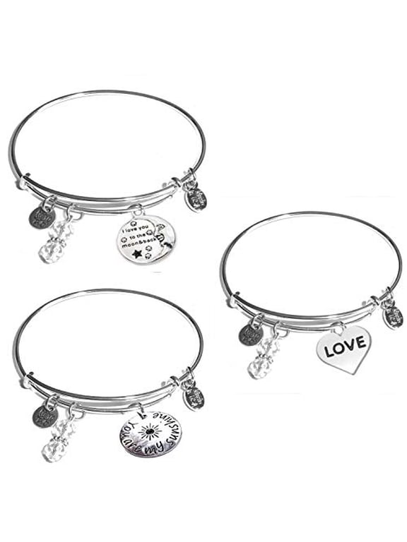 Women's Stainless Steel Message Charm Expandable Wire Bangle Bracelet, Very Popular and Stylish, Arrives in a Gift Box. (3 Pack Expressions of Love)