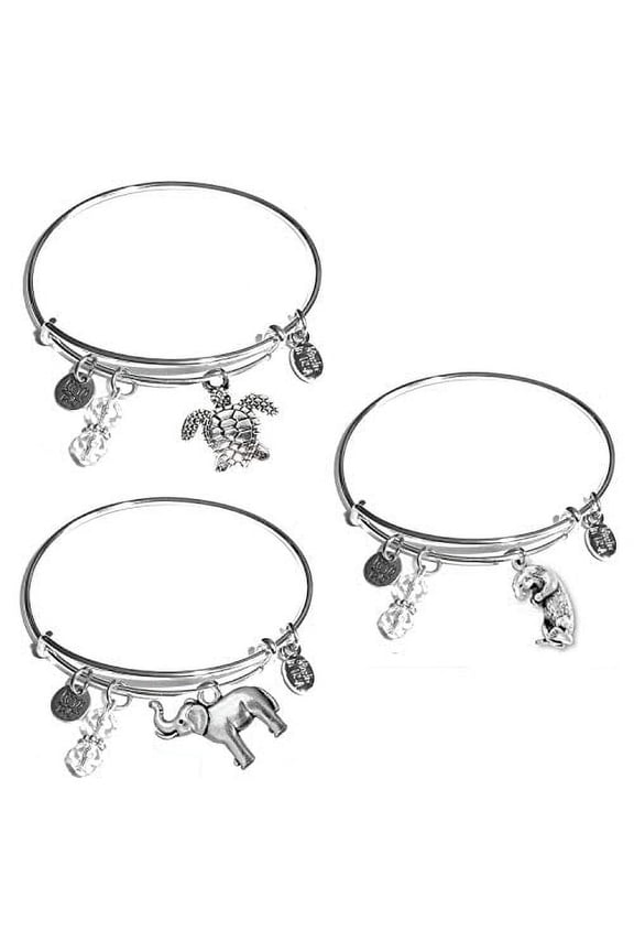 Women's Stainless Steel Message Charm Expandable Wire Bangle Bracelet, Very Popular and Stylish, Arrives in a Gift Box. (3 Pack Animals - Turtle, Elephant, Otter)