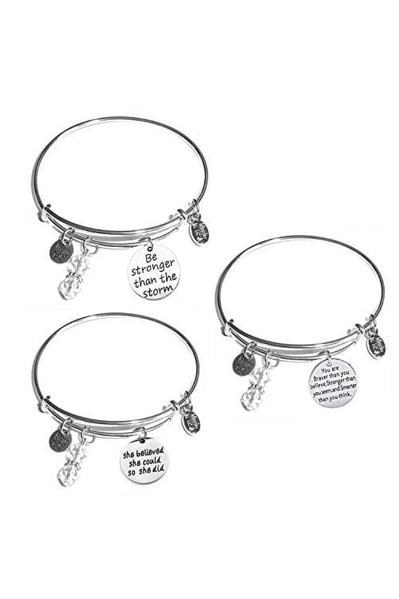 Women's Stainless Steel Message Charm Expandable Wire Bangle Bracelet, Very Popular and Stylish, Arrives in a Gift Box. (3 Pack Inspirational and Empowerment)