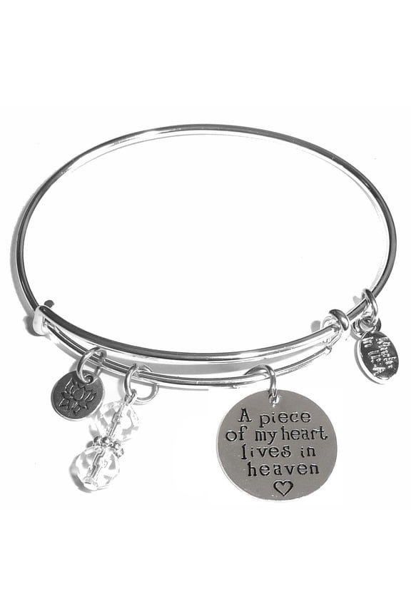 Women's Stainless Steel Message Charm Expandable Wire Bangle Bracelet, Very Popular and Stylish, Arrives in a Gift Box. (A Piece of My Heart Lives in Heaven)