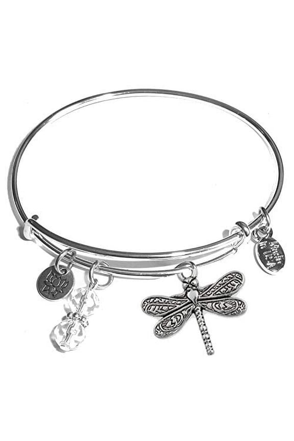 Women's Stainless Steel Message Charm Expandable Wire Bangle Bracelet, Very Popular and Stylish, Arrives in a Gift Box. (Dragonfly)